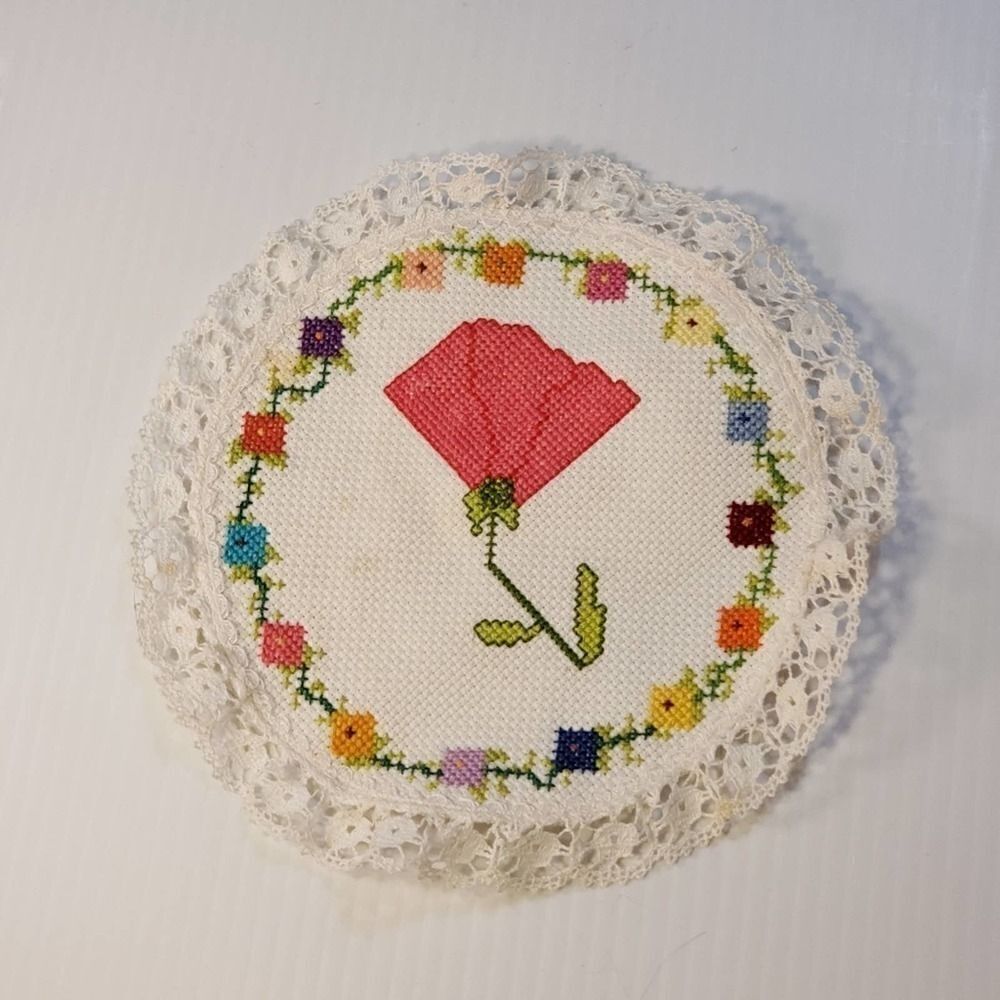 Vintage Cross Stitch Doily Floral Lace